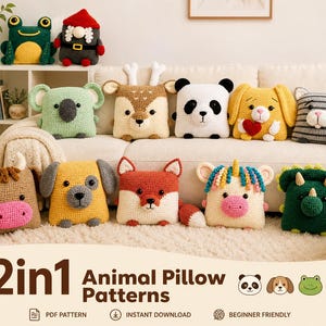 12 dierenkussen gehaakt patroonbundel, amigurumikussen pdf-set, hond panda vos kikker koala eenhoorn kat dino rendier koe konijn kabouter