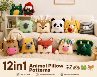 12 Animal Pillow Crochet Pattern Bundle, Amigurumi Cushion PDF Set, Dog Panda Fox Frog Koala Unicorn Cat Dino Reindeer Cow Bunny Gnome