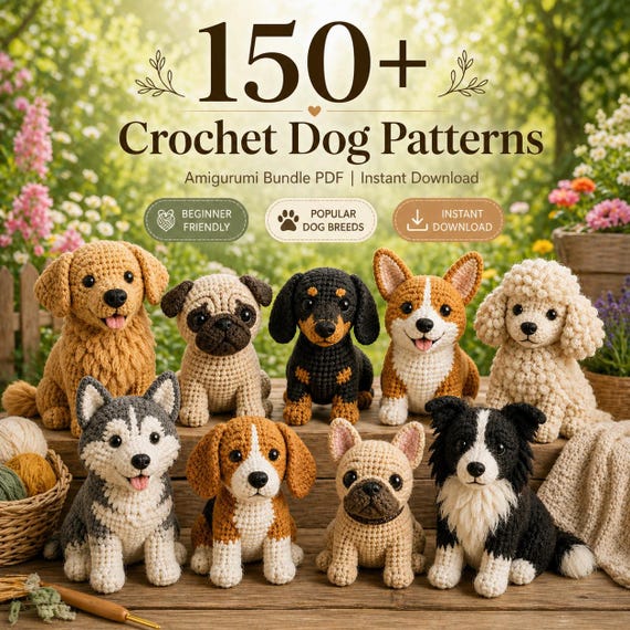 150+ Crochet Dog Patterns Bundle PDF, Amigurumi Puppy Crochet Patterns, Stuffed Dog Plush, Instant Download