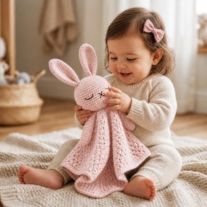 May include: A pink crochet bunny comforter with long ears and closed eyes. The bunny is held by a child wearing a cream-coloured sweater. The blanket has a textured pattern, designed for babies.