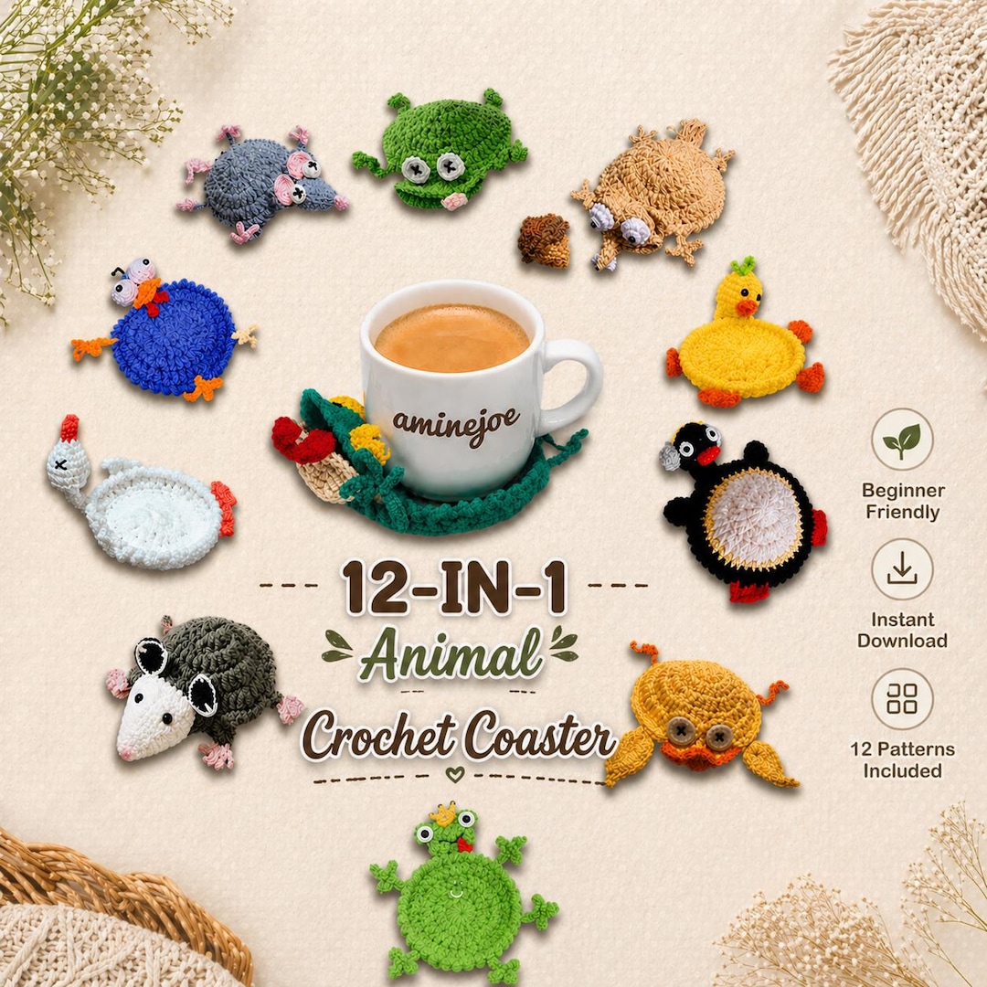 12 Animal Crochet Coaster Patterns Bundle (PDF), Amigurumi Mug