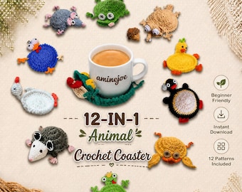 12 Animal Crochet Coaster Patterns Bundle (PDF), Amigurumi Mug Rugs (Instant Download)