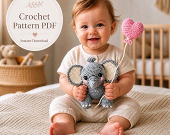 Patrón de elefante de ganchillo en PDF – Juguete amigurumi con globo en forma de corazón (Descarga digital)