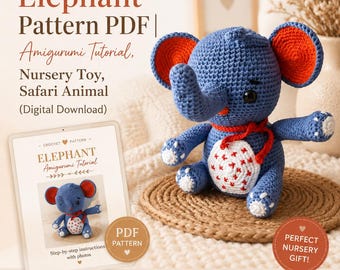 Patrón de elefante a crochet en PDF / Tutorial de amigurumi, juguete infantil, animal de safari (descarga digital)