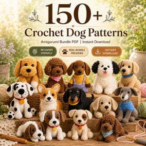Pacchetto di oltre 150 modelli all'uncinetto per cani in formato PDF, modelli per cuccioli amigurumi all'uncinetto, peluche a forma di cane, download immediato