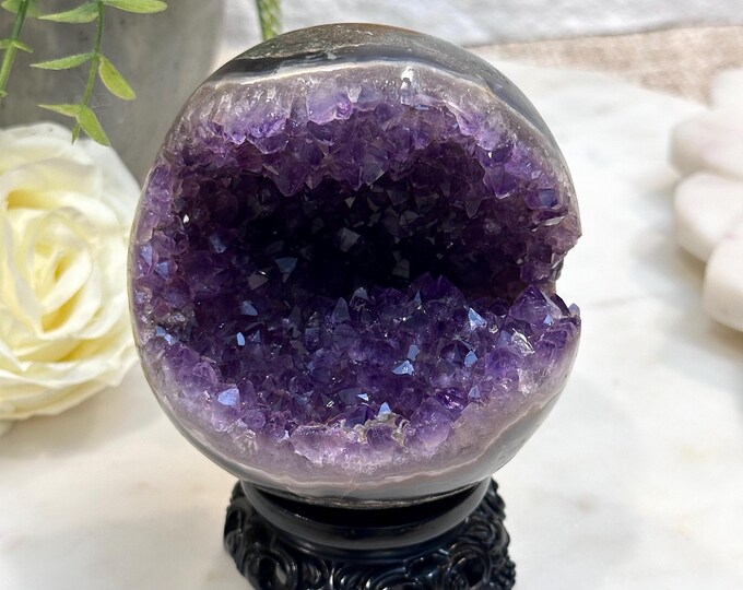 Large Amethyst Geode Sphere With Stand – High Quality Sparkling Purple ...