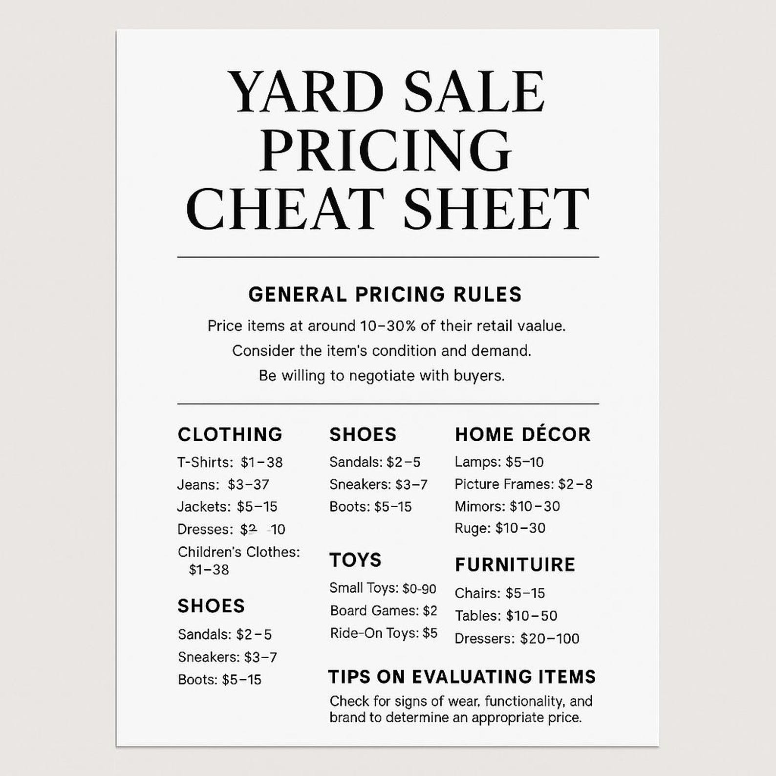 Yard Sale Pricing Guide Printable PDF Etsy