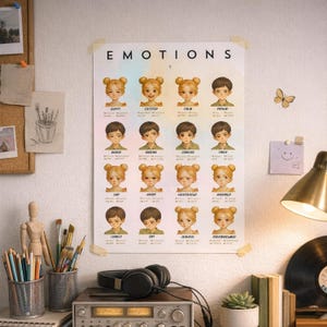 Plakat o emocjach dzieci | Wersja wielojęzyczna do druku | Tabela rozwoju emocjonalnego dla dzieci | Angielski Niemiecki Francuski Koreański