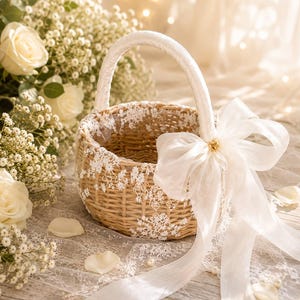 Op de afbeelding: Een ronde mand van gevlochten riet met een wit, met stof bekleed handvat, versierd met een delicate witte bloemenkantrand rond de opening en een grote, doorschijnende witte organza strik met een klein gouden hartje aan de zijkant.