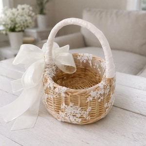 Lace Flower Girl Basket, Wrapped Handle, Boho Wedding Decor