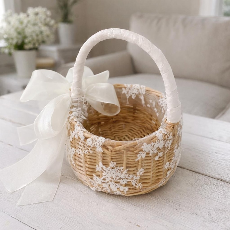 Lace Flower Girl Basket, Wrapped Handle, Boho Wedding Decor