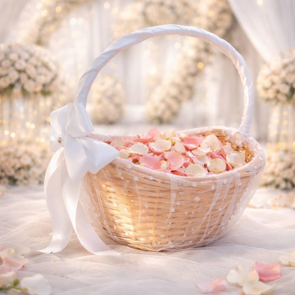 Cesto di fiori in vimini intrecciato, con manico e nastro rosa, per