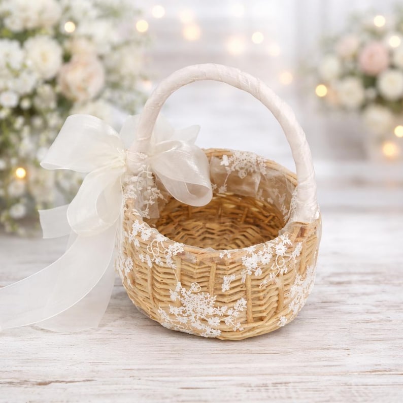 Lace Flower Girl Basket, Wrapped Handle, Boho Wedding Decor