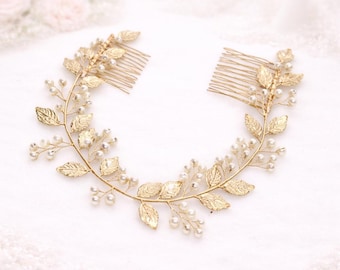 Enredadera de novia dorada con peines, accesorio para el cabello de boda con perlas, tocado de hojas para novia, tocado de novia de cristal