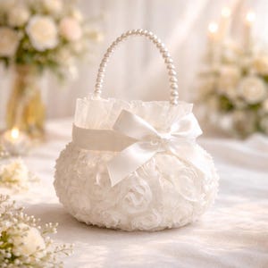 Personalized Flower Girl Basket, Pearl Handle Wedding Petal Basket