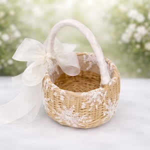 Lace Flower Girl Basket, Wrapped Handle, Boho Wedding Decor