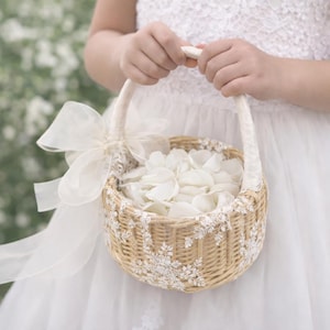 Lace Flower Girl Basket, Wrapped Handle, Boho Wedding Decor
