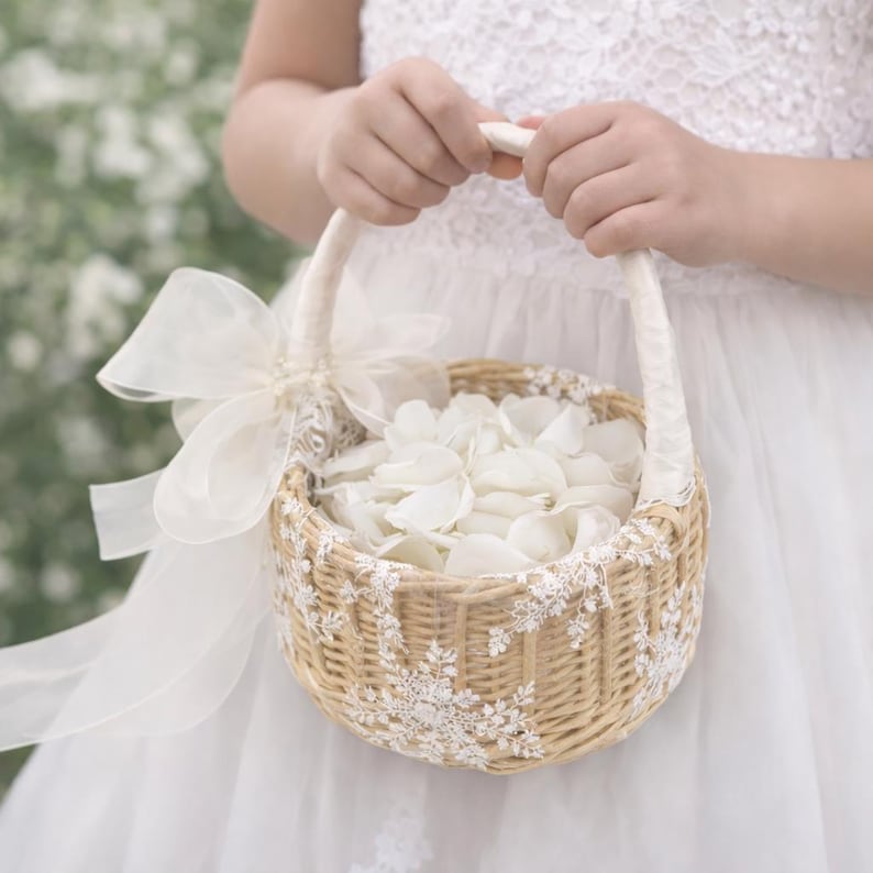 Lace Flower Girl Basket, Wrapped Handle, Boho Wedding Decor