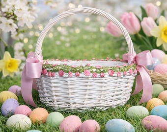 Cesta de Pascua de mimbre personalizada, nombre personalizado, lazo rosa, ribete floral.