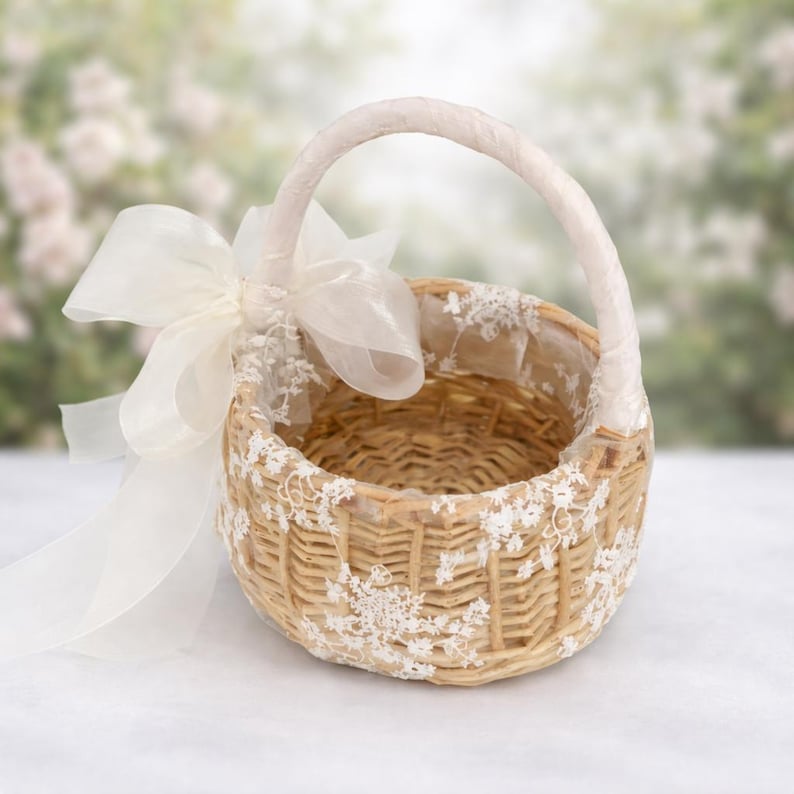 Lace Flower Girl Basket, Wrapped Handle, Boho Wedding Decor