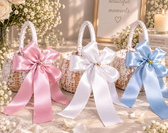Cesta de encaje para niña de las flores con lazo de satén, cesta de pétalos para ceremonia de boda