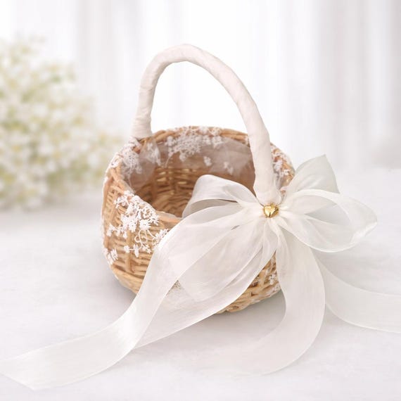 Lace Flower Girl Basket, Wrapped Handle, Boho Wedding Decor