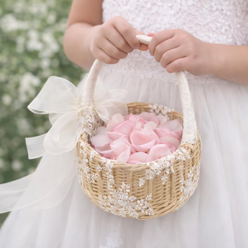 Lace Flower Girl Basket, Wrapped Handle, Boho Wedding Decor