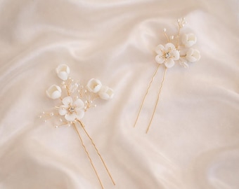 Gold Floral Bridal Hair Pins, Ivory Pearl Crystal Wedding Hairpiece