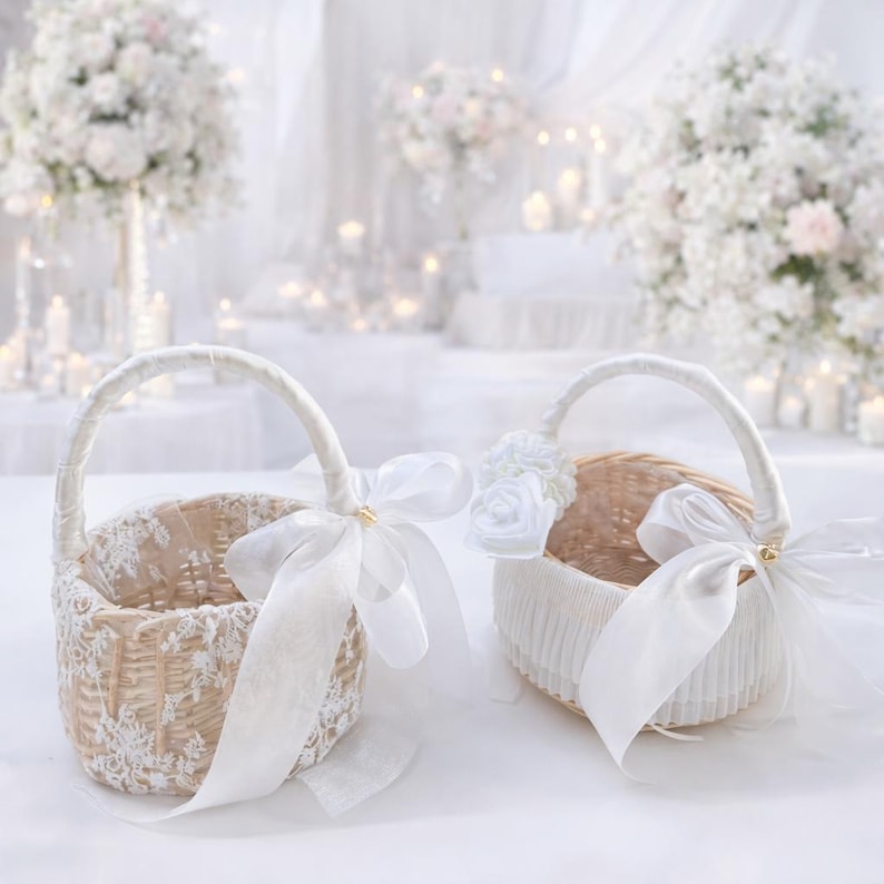 Lace Flower Girl Basket, Wrapped Handle, Boho Wedding Decor