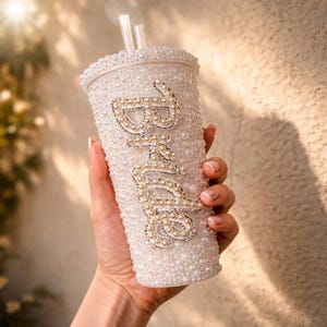 Bride Pearl Tumbler, Rhinestone Bridal Cup with Straw, Bachelorette Party Gift
