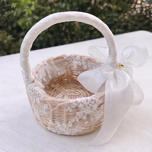 Lace Flower Girl Basket, Wrapped Handle, Boho Wedding Decor