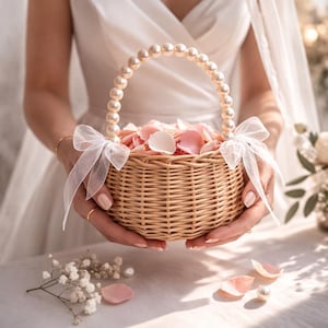 May include: A woven wicker basket filled with pink and white flower petals. The basket has a handle adorned with faux pearls and is decorated with white ribbon bows. Ideal for a wedding or special event.