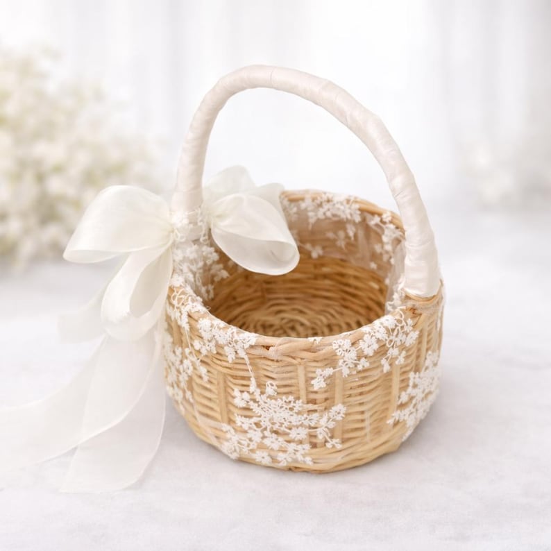 Lace Flower Girl Basket, Wrapped Handle, Boho Wedding Decor