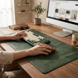 May include: A green leather desk mat with the text "EDWARD C. REED PRINCIPAL ARCHITECT" is shown with a keyboard and mouse. The keyboard has white and green keys. A computer monitor, a notebook, and a mug are also on the wooden desk.