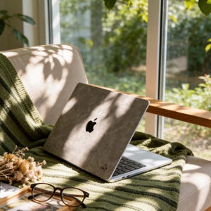 May include: A laptop with a gray cover featuring the Apple logo is placed on a green striped blanket. The laptop sits on a beige armchair near a window. A pair of eyeglasses and dried flowers are in the foreground.