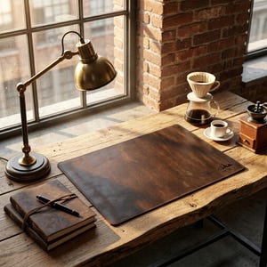 May include: A brown leather desk mat with a mountain and compass logo, a brass desk lamp, and a stack of journals with a pen on a wooden desk. A coffee setup with a pour-over, coffee cup, and grinder is also present.