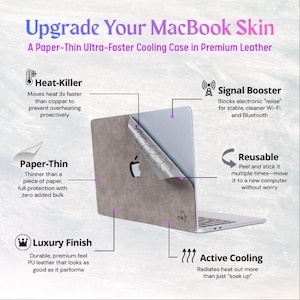 May include: A MacBook skin made of premium leather. The skin is paper-thin, reusable, and features active cooling and a signal booster. The image text reads "Upgrade Your MacBook Skin" and "A Paper-Thin Ultra-Faster Cooling Case".
