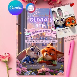 Puede incluir: Invitación de cumpleaños con los personajes de Zootopia, Judy Hopps y Nick Wilde. La invitación incluye el texto "Olivia's 9th Birthday Party" con detalles del evento. Diseño con diseño a juego en el reverso.