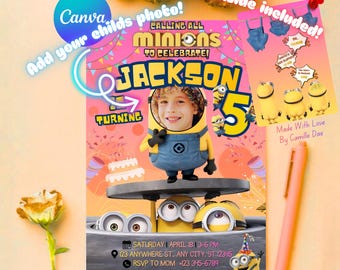 Minions Birthday Invitation • Editable Canva Template • Custom Photo Minion Invite • Printable Kids Birthday Invitation (Front & Back)