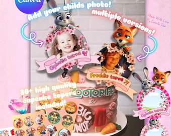 Zootopia Birthday Cake Topper & Cupcake Toppers • Editable Canva Template • Custom Photo Face Topper • Printable Kids Birthday Decor