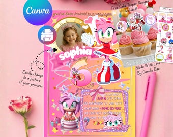 Amy Sonic 3 Birthday Invitation • Digital & Editable Canva Template • Sonic Girls Birthday Invite • Printable • Amy Rose • Cake Toppers •