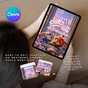 May include: A digital tablet displays a birthday party invitation template featuring characters from a popular animated movie. The invitation includes the text "Olivia's 9th Birthday Party" and event details. The Canva logo is visible.