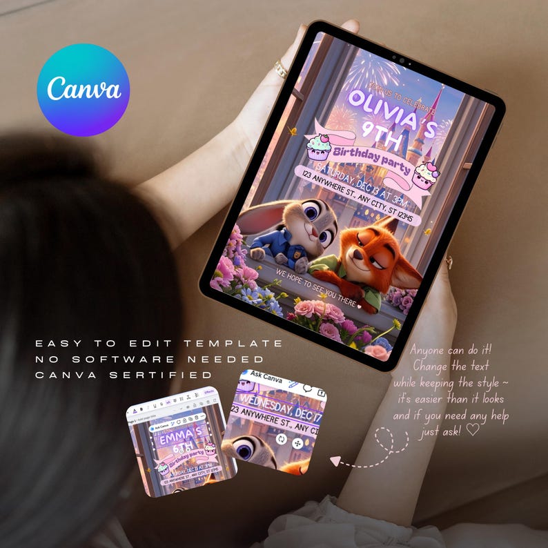 May include: A digital tablet displays a birthday party invitation template featuring characters from a popular animated movie. The invitation includes the text "Olivia's 9th Birthday Party" and event details. The Canva logo is visible.