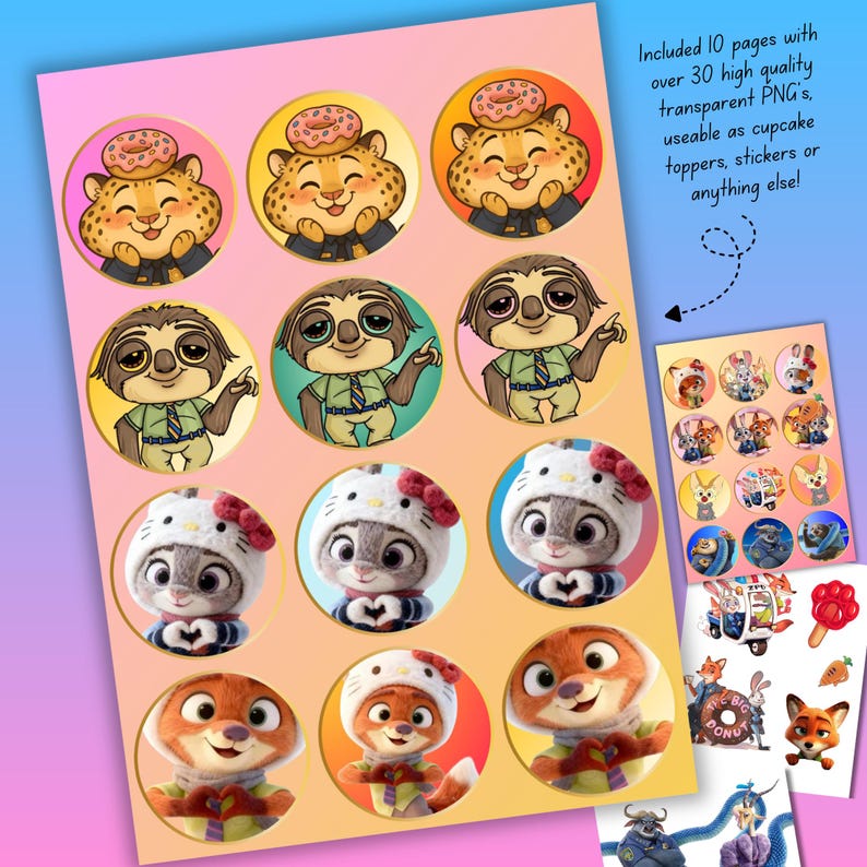 May include: A sheet of colorful, circular stickers featuring characters from the animated movie Zootopia. The stickers include images of a cheetah with a donut on its head, sloths, and a bunny wearing a Hello Kitty-style bow. The text says "Included 10 pages with over 30 high quality transparent PNG's, useable as cupcake toppers, stickers or anything else!"