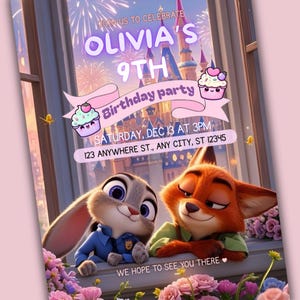 May include: A birthday party invitation featuring the characters Judy Hopps and Nick Wilde from Zootopia. The invitation includes the text "Olivia's 9th Birthday party" and event details. The background shows a castle and fireworks.