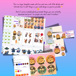 May include: A collection of digital design templates featuring various cartoon animal characters, including a lion, sloth, and fox. The templates include editable elements and premade designs, with text that reads, "This is a huge template made with love and care."