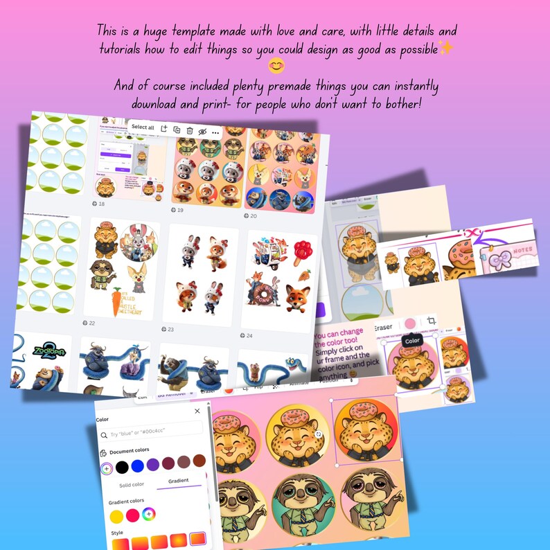 May include: A collection of digital design templates featuring various cartoon animal characters, including a lion, sloth, and fox. The templates include editable elements and premade designs, with text that reads, "This is a huge template made with love and care."