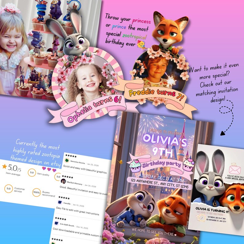 Zootopia Birthday Cake Topper & Cupcake Toppers • Editable Canva Template • Custom Photo Face Topper • Printable Kids Birthday Decor image 9