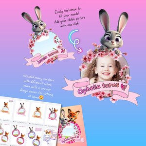 May include: Digital printable birthday cake toppers featuring a cartoon bunny character and a child's photo. The design includes pink cherry blossoms and a banner with the text "Jessie turns 7!" and "Ophelia turns 4!"