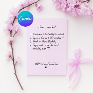 May include: A light purple card with the Canva logo and text that reads "How it works?" followed by instructions. The card is decorated with pink flowers and a pink ribbon.